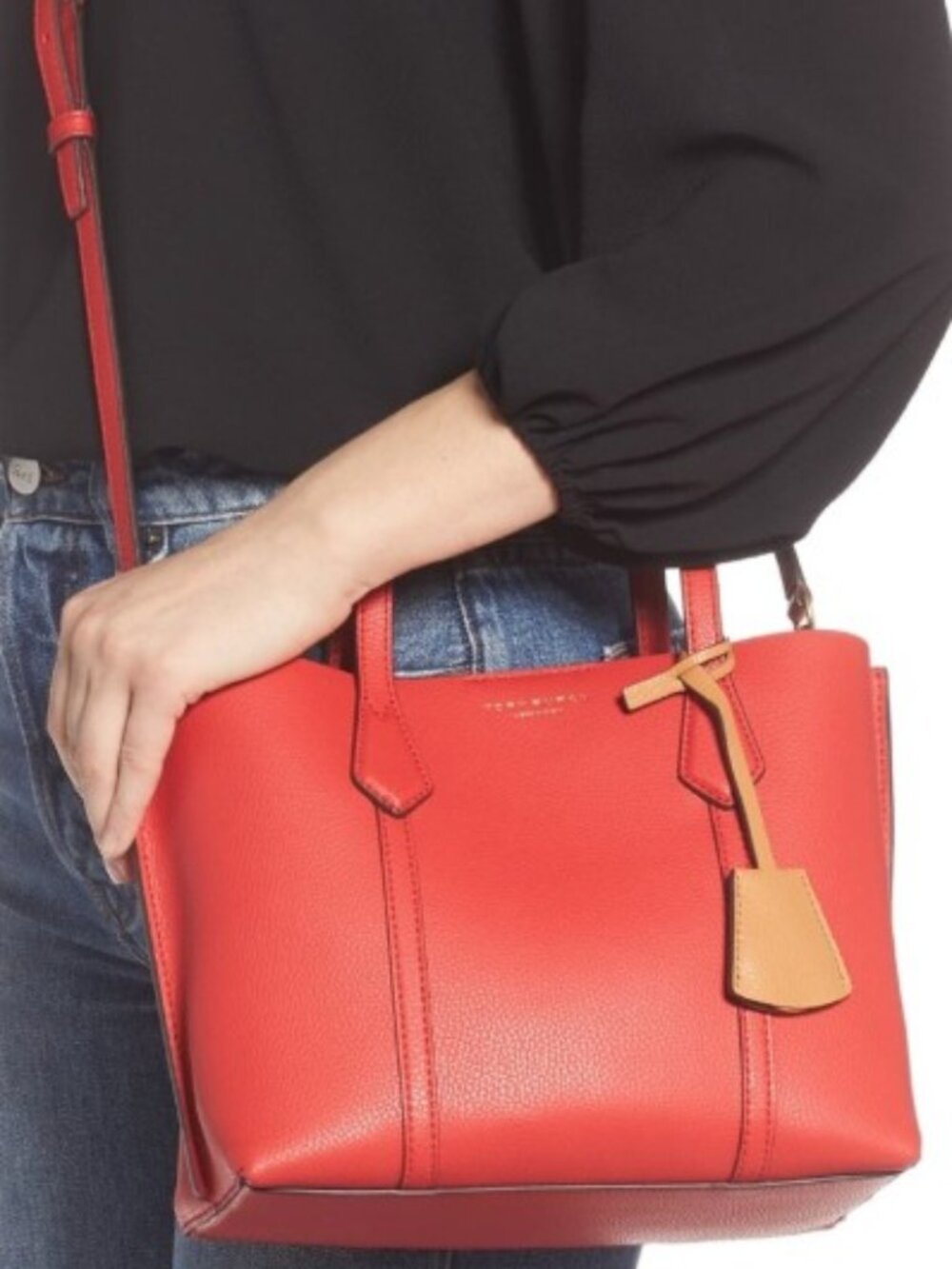 Tory Burch Perry Small Red Leather Tote Detachable Strap Crossbody